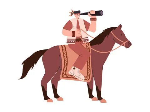 Native American tribe man looking with binocular and riding brown color Stock Illustration