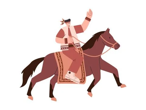 Native American tribe man riding brown color horse animal sport recreation Stock Illustration
