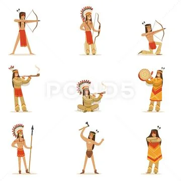 Native American Tribe Members In Traditional Indian Clothing With Weapons And Stock Illustration
