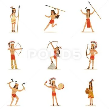 Native American Tribe Members In Traditional Indian Clothing With Weapons And Stock Illustration