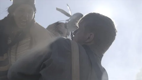 Native American Warrior Attacks a U.S. Cavalryman - Indian Wars Actor portrayal Stock Footage 167967082