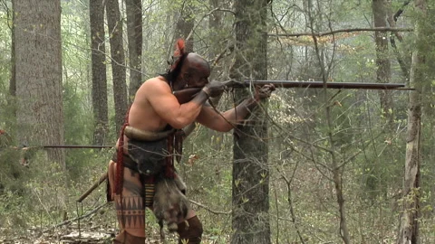 Native American Warriors in 18th C. Wildreness Battle with muskets - portrayal 스톡 동영상 137763662