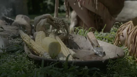 Native American Women using primitive tools to prepare food over an open fire. Stock Footage 165753778