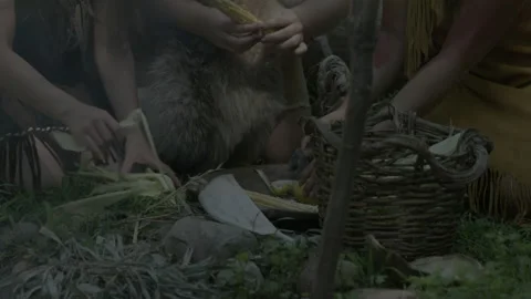 Native American Women using primitive tools to prepare food over an open fire. Stock Footage 169668465