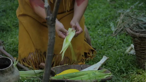 Native American Women using primitive tools to prepare food - Corn Stock Footage 196264868