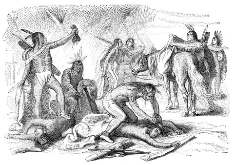 Native Americans scalping their enemy. Engraving by unknown artist from Ernst Illustrazione stock
