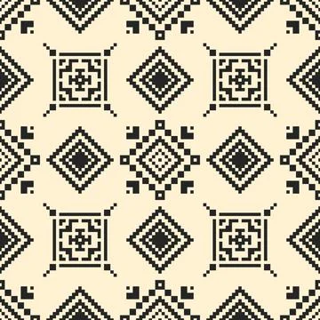 Native Boho embroidery pattern in pixel art style with black and cream. Illustrazione stock