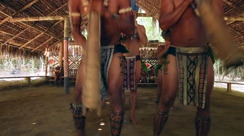 Native Brazilians doing their ritual at an indigenous tribe in the Amazon Stock Footage 54696294