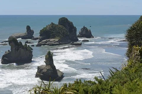 Native bush frames a beach at low tide on a West Coast beach, South Islandrated Stock Photos
