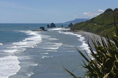 Native bush frames a beach at low tide on a West Coast beach, South Islandrated Stock Photos