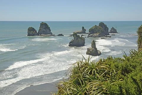 Native bush frames a beach at low tide on a West Coast beach, South Islandrated Stock Photos