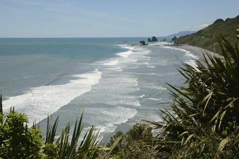 Native bush frames a beach at low tide on a West Coast beach, South Islandrated Stock Photos