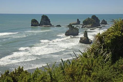 Native bush frames a beach at low tide on a West Coast beach, South Islandrated Stock Photos