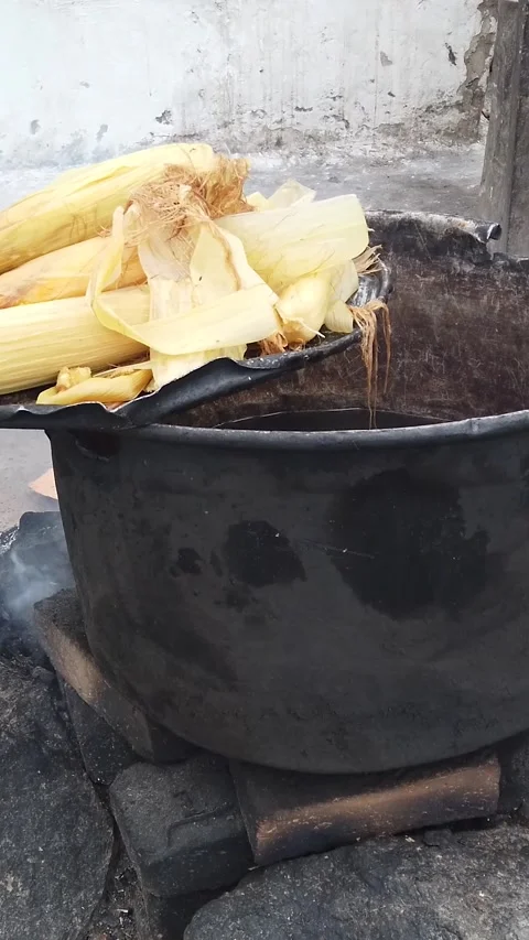 Native Corn on Rustic Cast Iron Pot over Open Wood Fire in Rural Honduras Stock Footage 345332427