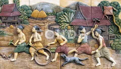 Native culture thai stucco on the temple wall, thailand Stock Photos