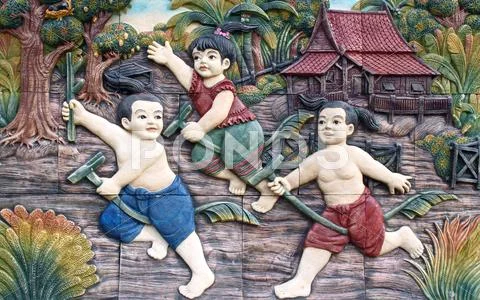Native culture thai stucco on the temple wall, thailand Stock Photos