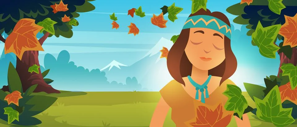 Native Indian American girl in autumn forest Stock Illustration