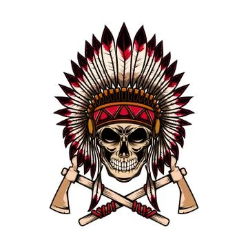 Native indian chief skull with crossed tomahawks on white background. Design Stock Illustration