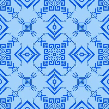 Native Indian pixelated tile pattern in shades of blue. Stockillustratie
