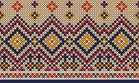 Native Indian-style cross-stitch pattern in dark blue, red, and yellow. Illustrazione stock