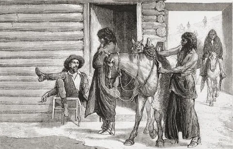 Native Indians at a hide trapper's hut.  From America Revisited: From The Bay of Stock Illustration