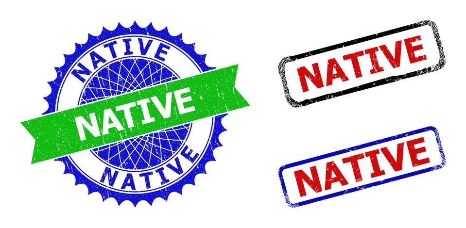 NATIVE Rosette and Rectangle Bicolor Badges with Unclean Textures Stock Illustration