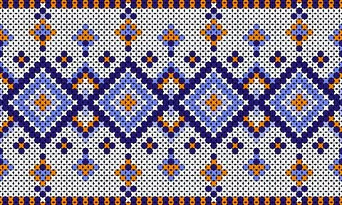 Native-style cross-stitch yarn pattern with dark blue border and orange stripes. Stock Illustration