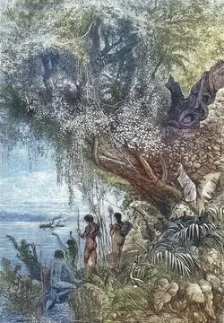 Natives watching the first steamboat on the Amazon 1860 Brazil Historic Stock-Illustration