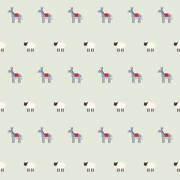 Nativity animals seamless pattern with donkeys and white sheep on pale green Stock Illustration