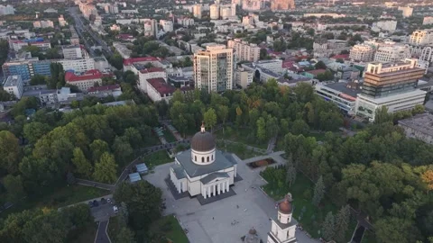 Nativity Cathedral and Bell Tower in Central Chisinau, Moldova, Aerial Drone Stock Footage 343345037