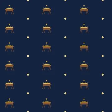 Nativity manger seamless pattern with golden star and dots on dark navy blue Stock Illustration