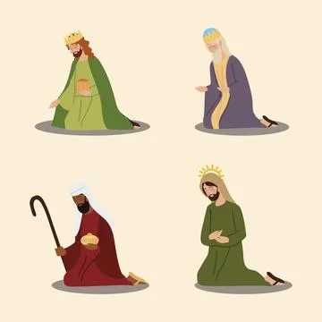 Nativity manger three wise kings and jospeh icons Stock Illustration