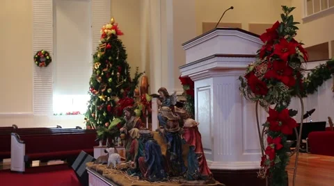 Nativity Scene and Pulpit Displayed Inside Church Stock Footage 45120954