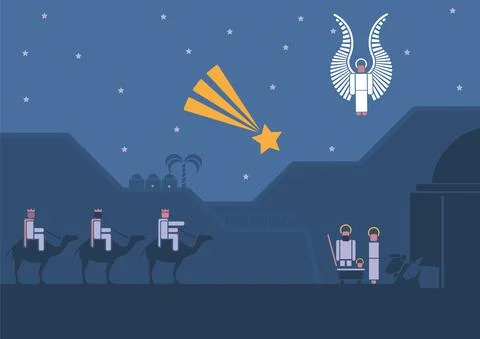 Nativity scene and the three wise men Stock Illustration