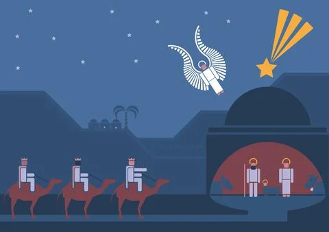 Nativity scene and the three wise men Stock Illustration