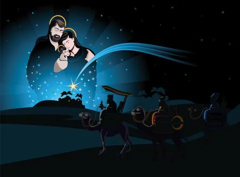 Nativity scene and the three wise men Stock Illustration