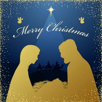 Nativity scene angels wise men glittering Stock Illustration