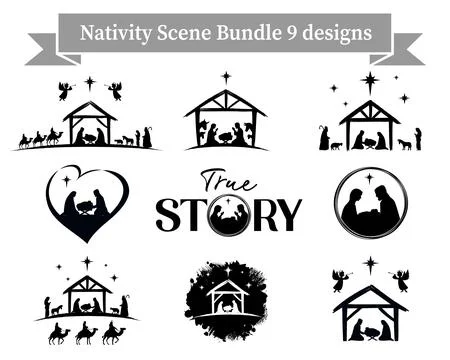 Nativity Scene Bundle 9 designs with silhouettes Christmas story Illustrazione stock