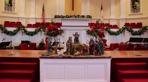 Nativity scene figures staged inside of church Stock Footage 45120167
