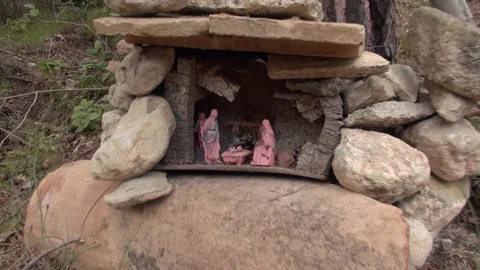Nativity scene figurines rocks stone forest Christmas religion culture coun.. Stock Footage 330468557