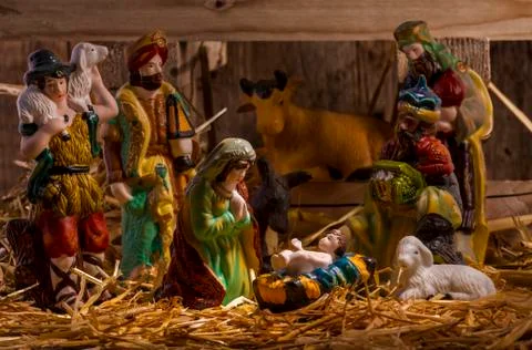 Nativity scene with hand-colored figures Stock Photos