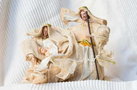 Nativity scene with hand-colored figures made out of wood Stock Photos
