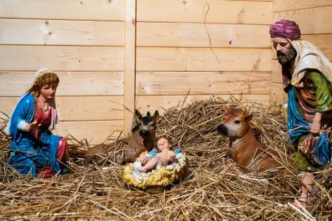 Nativity scene in the stable Stock Photos