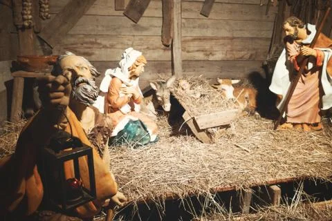 Nativity scene in the stable Stock Photos