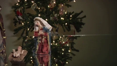Nativity Scene with Statues of Mary, Joseph and Jesus Video stock 70627161