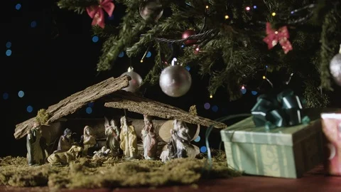 Nativity scene under the christmas tree 스톡 동영상 98637583