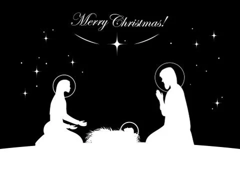 Nativity scene vector. White on black Stock Illustration