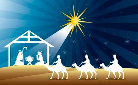 Nativity scene with wise men over night background. vector Stock Illustration