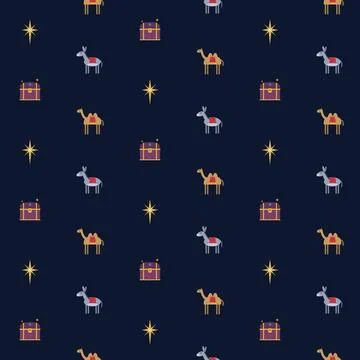 Nativity seamless pattern with camel, donkey, Star of Bethlehem and purple Stock Illustration