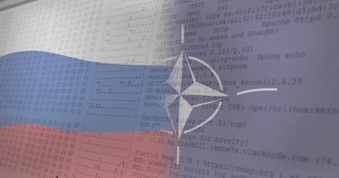 NATO compass star emblem appearing over computer screen showing network scan Stock Footage 327528008